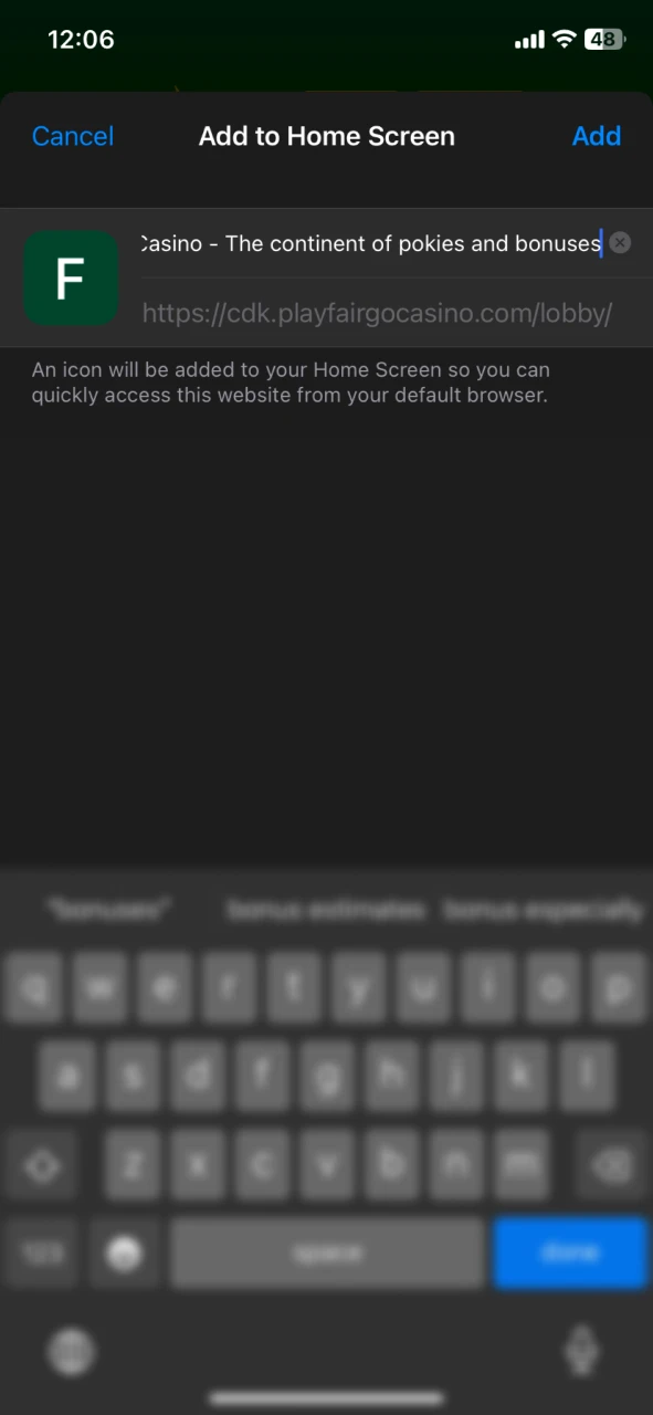Select add to home screen option for the Fairgo app.