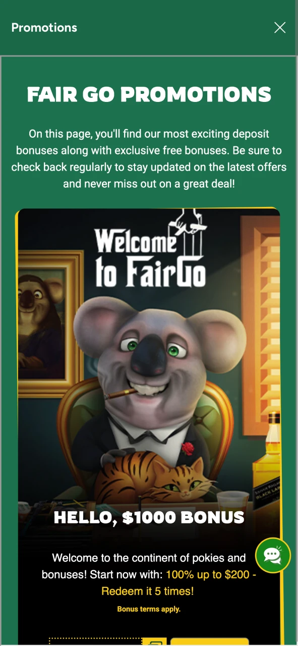 Take a look at the bonuses Fairgo Casino offers.