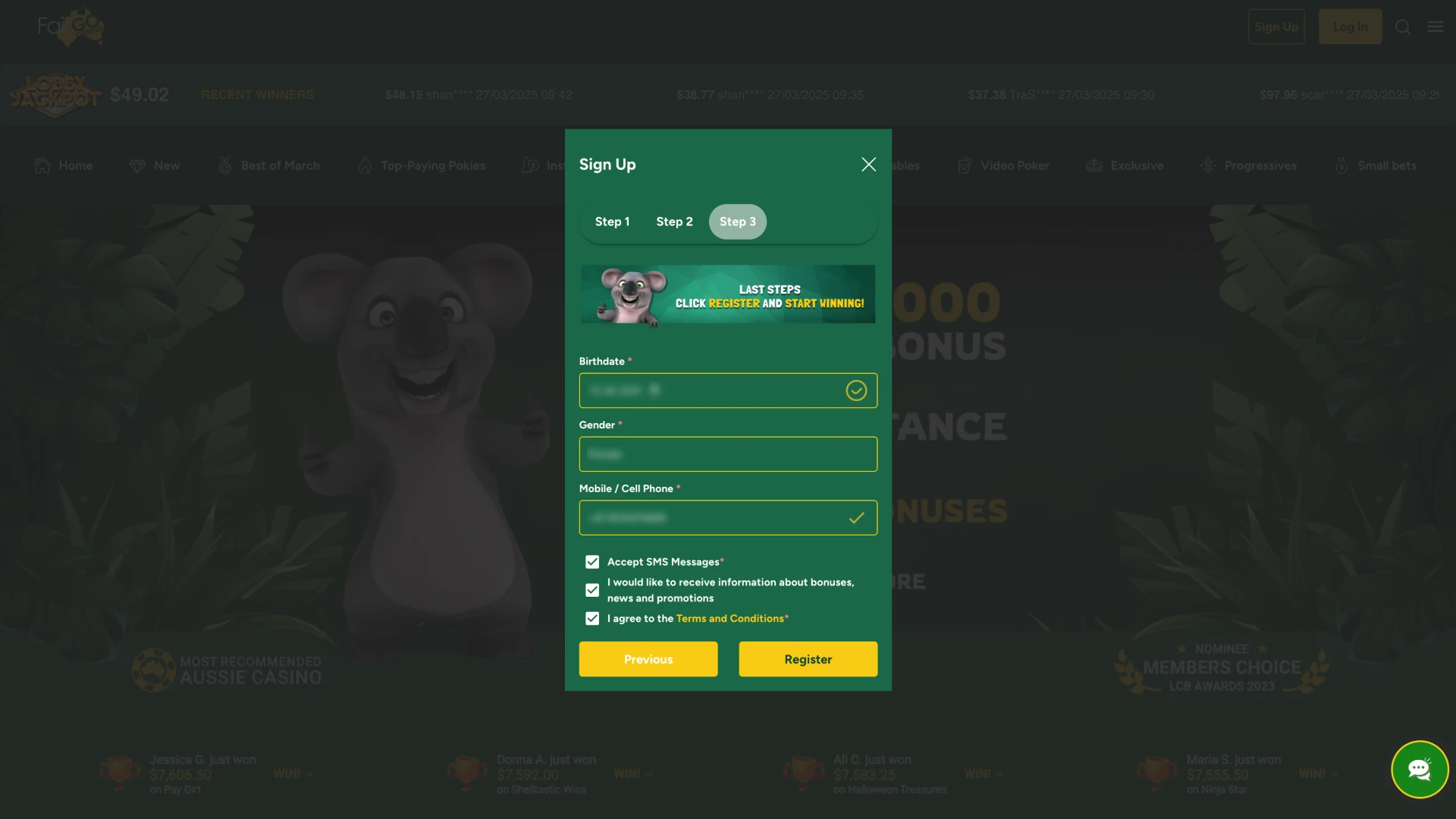 Complete the Fairgo Casino create account process.