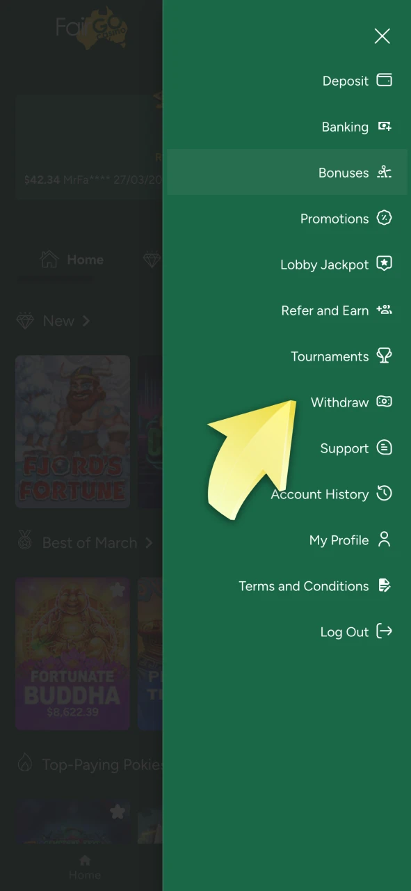 Open the withdrawal section at Fairgo Casino website.